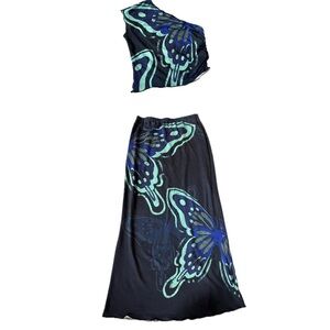 Black Butterfly Print Maxi Skirt - Blue & Teal
